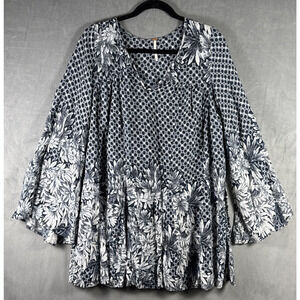 Free People Dreamy‎ Daze Floral Rayon Tunic Wide Long Sleeve Navy Mini Dress XS